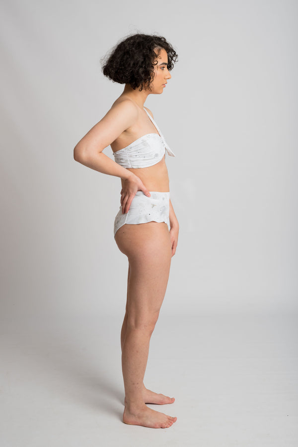 Ethical and sustainable swimwear for women xxs to plus size, recycled ECONYL cute frill high waist bikini bottom ethically made in Australia.