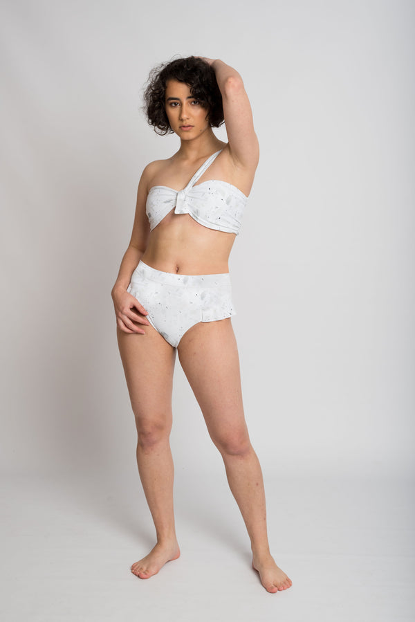 Ethical and sustainable swimwear for women xxs to plus size, recycled ECONYL cute frill high waist bikini bottom ethically made in Australia.