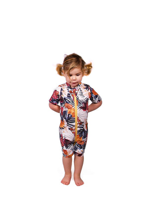 Ethical and sustainable swimwear for baby girl or toddler, floral recycled ECONYL long sleeved zippy swim onesie ethically made in Australia.