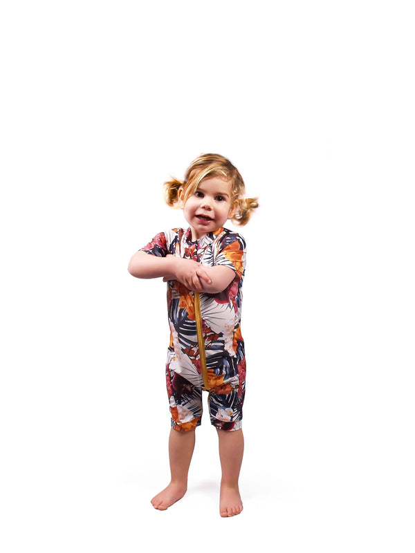 Ethical and sustainable swimwear for baby girl or toddler, floral recycled ECONYL long sleeved zippy swim onesie ethically made in Australia.