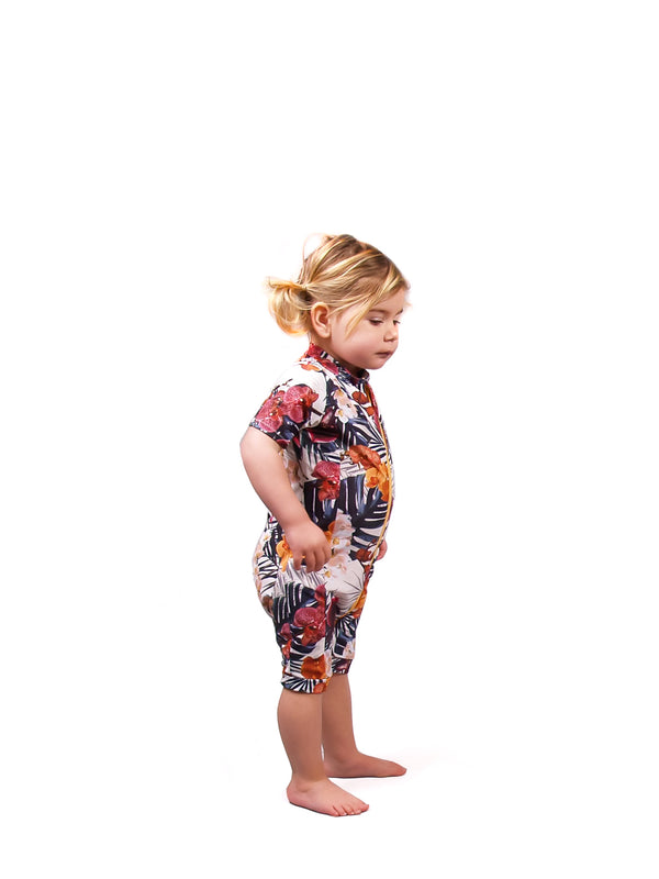 Ethical and sustainable swimwear for baby girl to toddler, recycled ECONYL cute frill zippy swim onesie made in Australia.