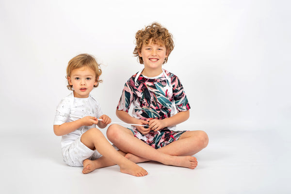 Ethical and sustainable swimwear for baby boy or toddler to tween, recycled ECONYL swim rashie ethically made in Australia.
